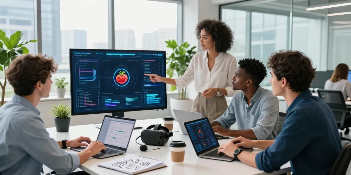 Innovative team discussing spicy AI features in a modern tech office