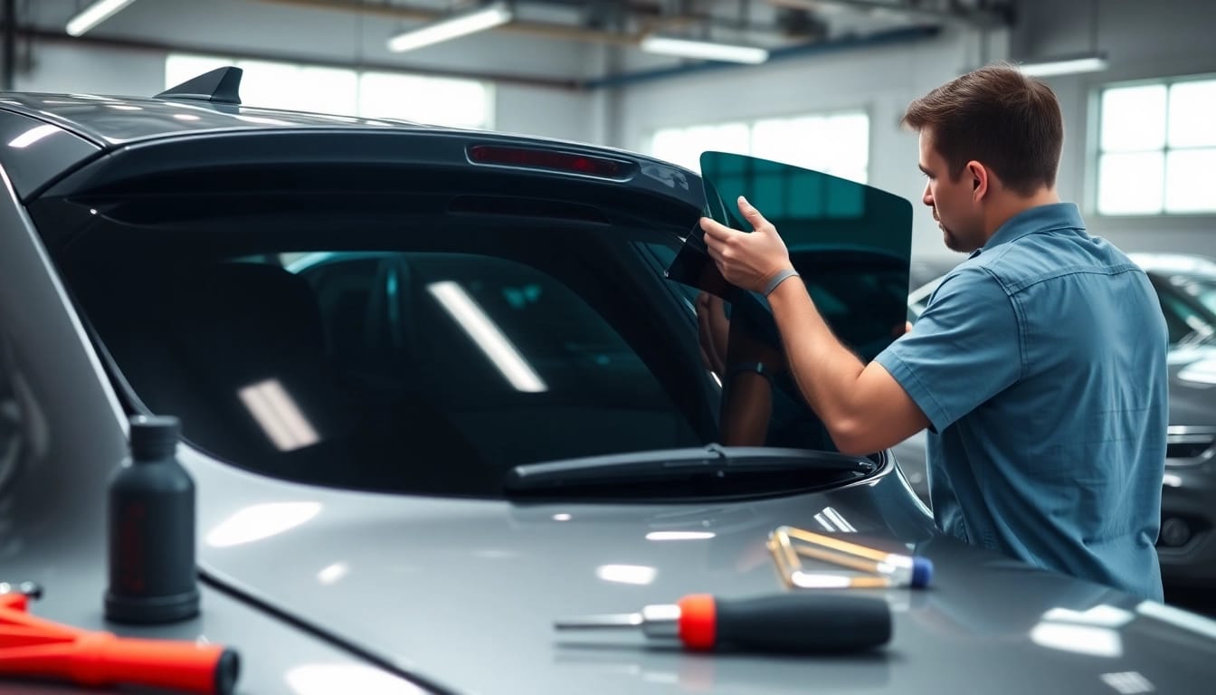 Apply auto window tint near me with a skilled technician in a modern garage.