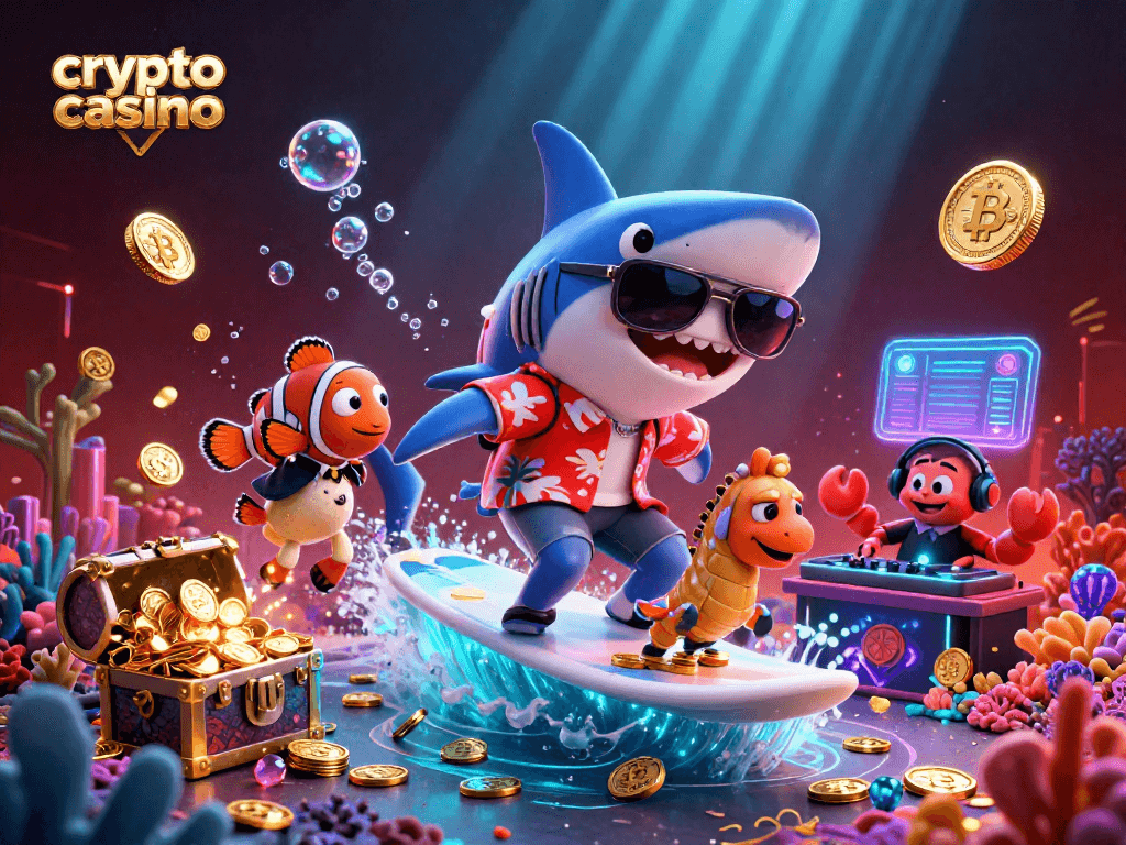 Dynamic scene of a crypto casino showcasing vibrant characters in a playful underwater setting.
