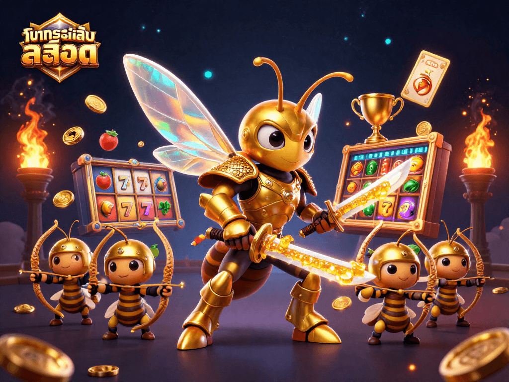 Play ทดลองเล่นสล็อต with an exciting 3D illustration of a hornet in samurai armor and slots elements.