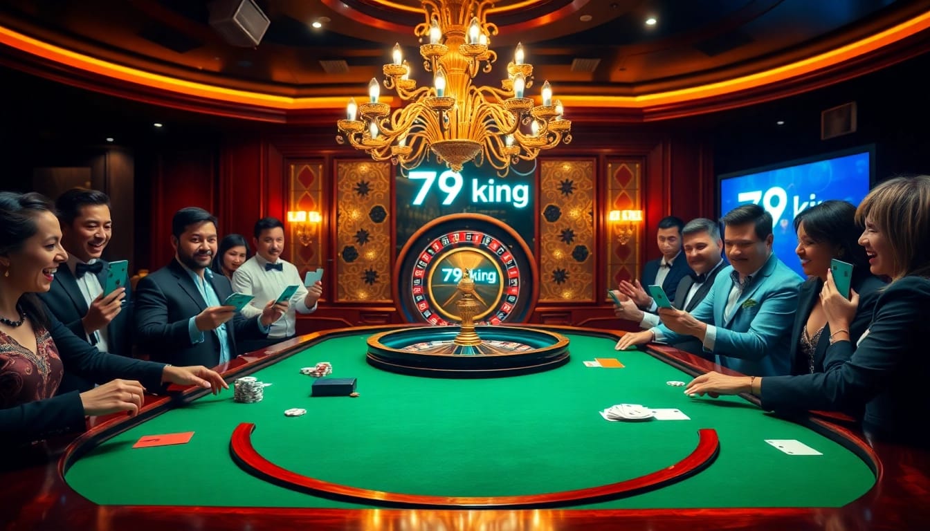 Players engaging at a luxury poker table in 79king casino with a roulette wheel in the background.
