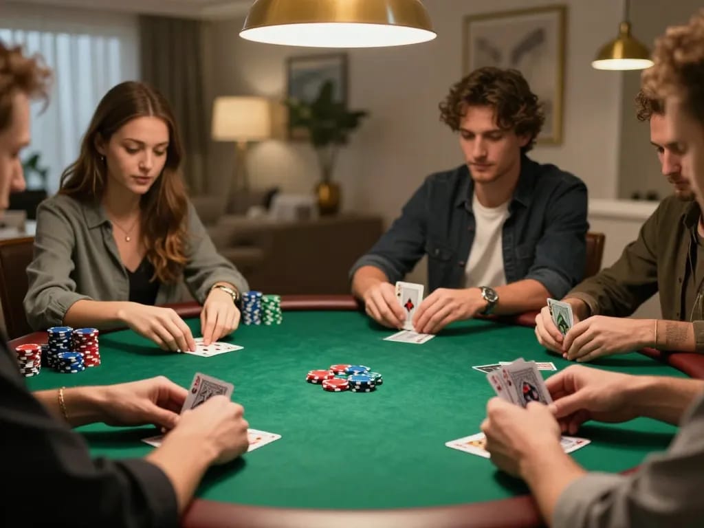 Players enjoying an intense poker game at home with 789win2 app on the table.