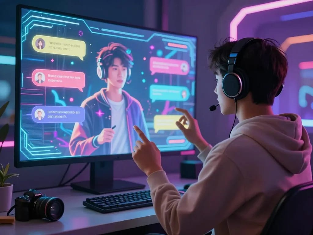 Interactive 18+ AI chat experience with holographic character in a vibrant digital environment.