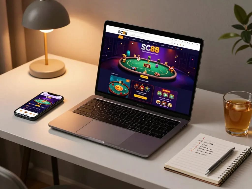 Enjoying an online gaming session on SC88 platform with a cozy home setup