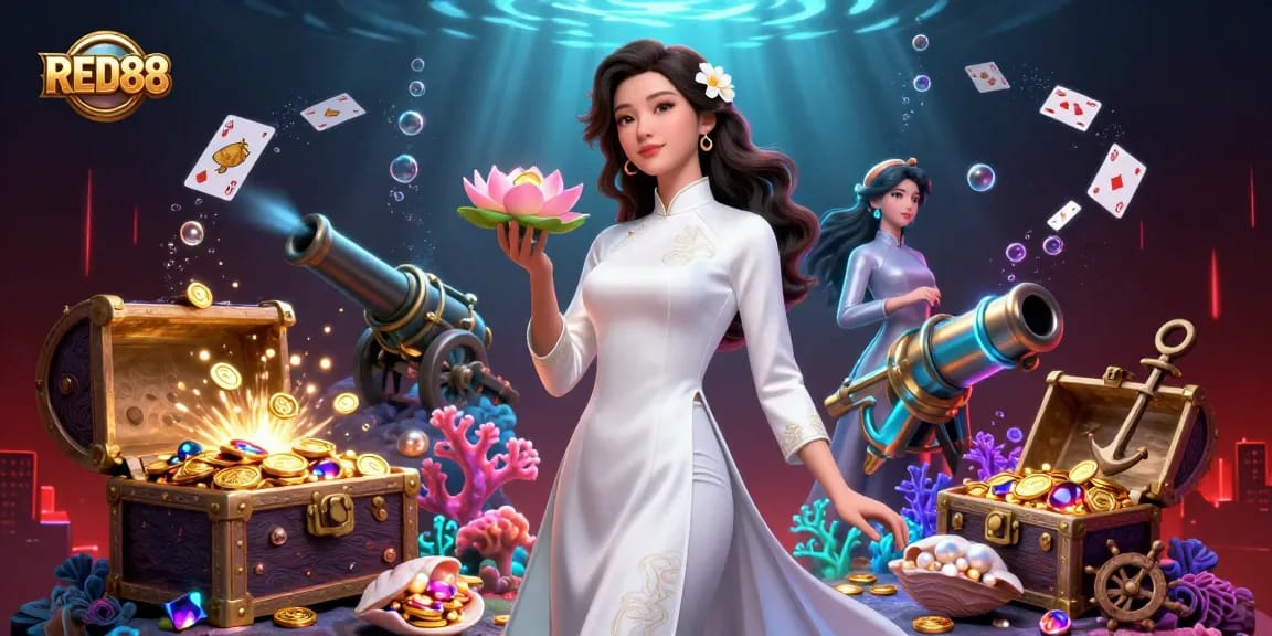 Engage in jackpot excitement at RED88 with vibrant 3D illustration of underwater treasures and playful gambling elements.