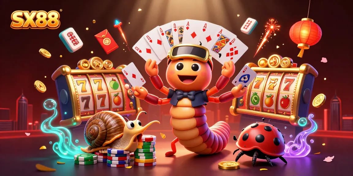 SX88 engages players with a cartoon millipede dealer and high-roller snail amidst vibrant casino elements.