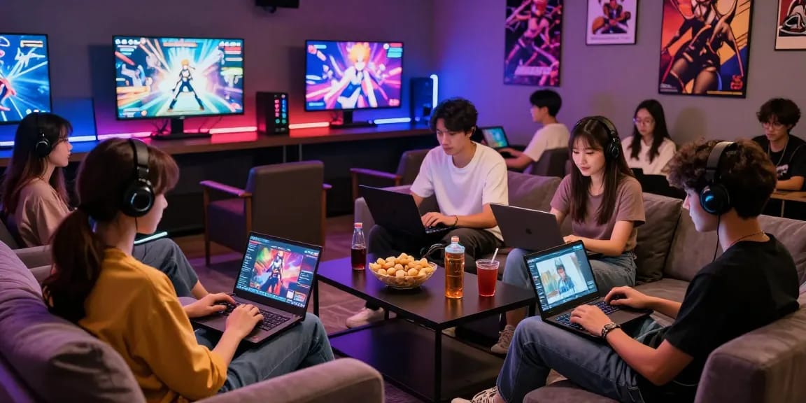 Friends enjoying various hentai games in a vibrant gaming lounge atmosphere.