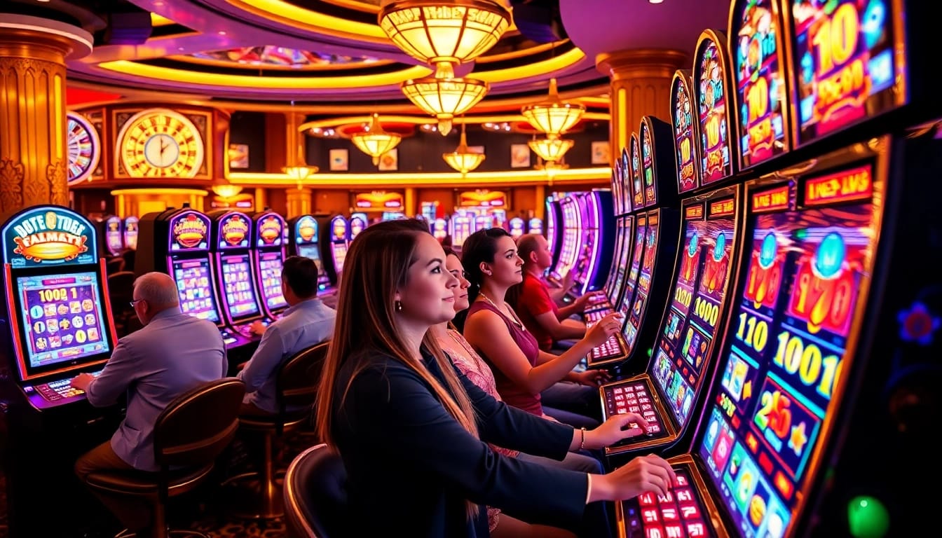 Exciting players winning on situs slot online with vibrant, colorful slot machines in a luxurious casino setting.