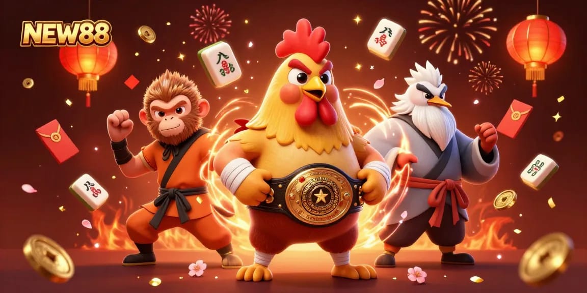 Engage with NEW88 through a dynamic illustration showcasing gambling excitement with rich, cultural elements.
