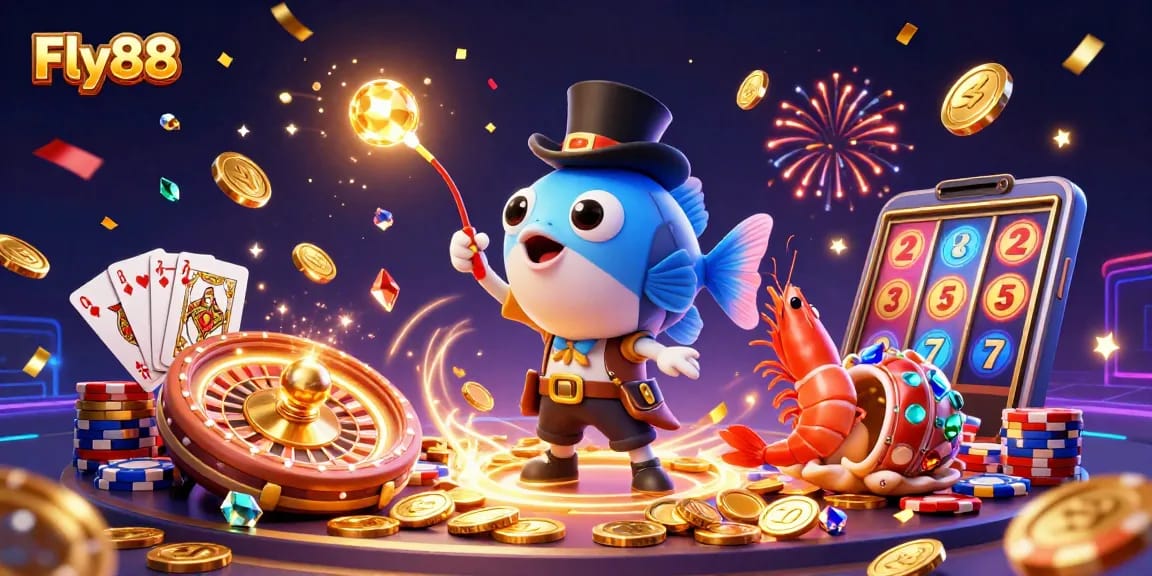 Experience the excitement of Fly88 with animated casino characters attracting golden coins and gems.