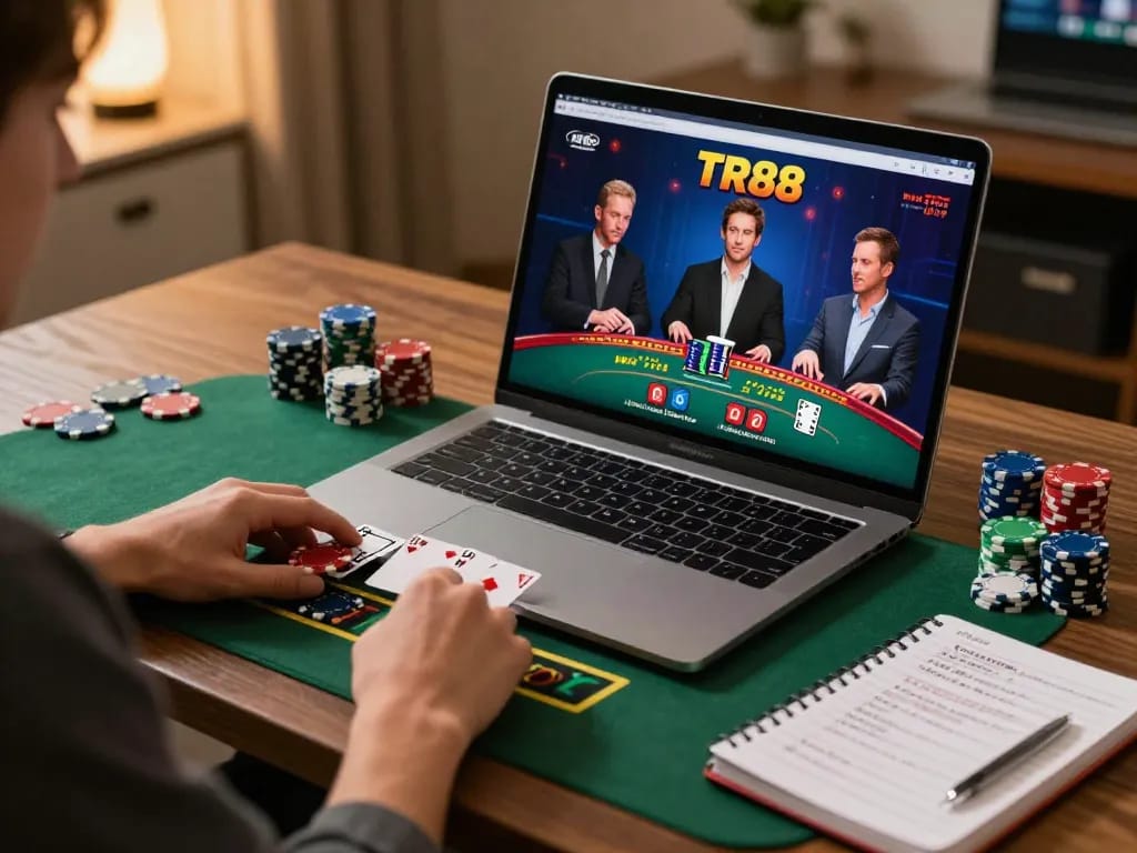Engaging in strategic gameplay at TR88 online casino setup with dynamic live dealer blackjack.