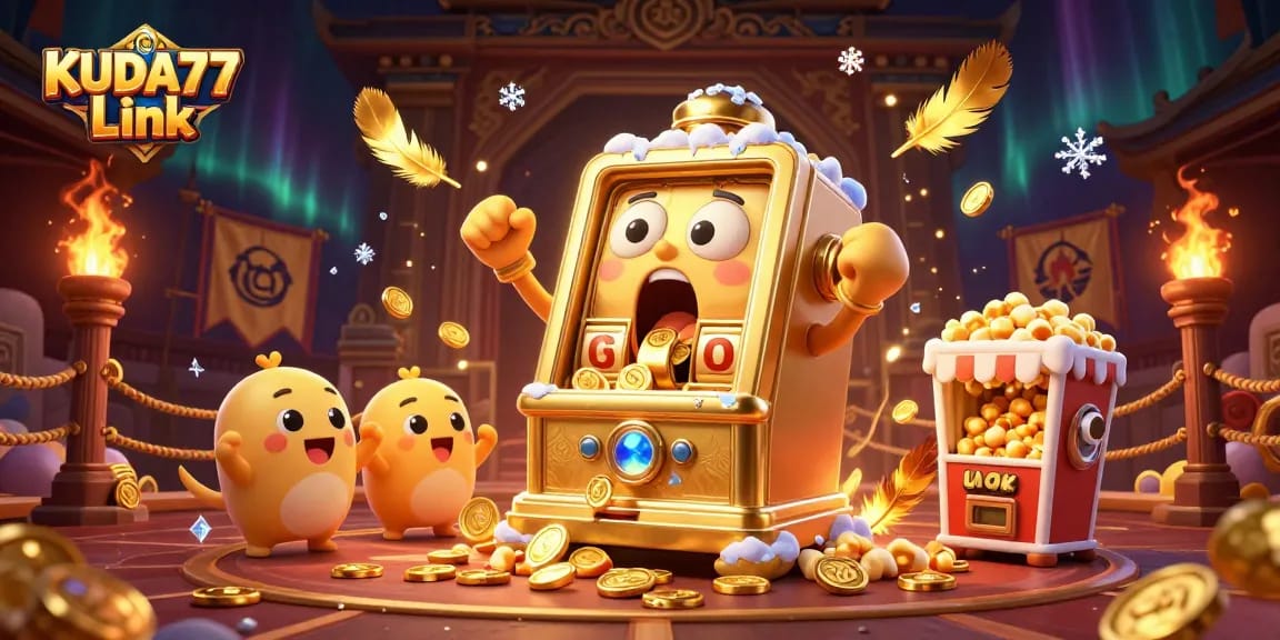 Menangkan jackpot di KUDA77 Link dengan mesin slot emas yang penuh koin dan mesin slot bayi bersorak.