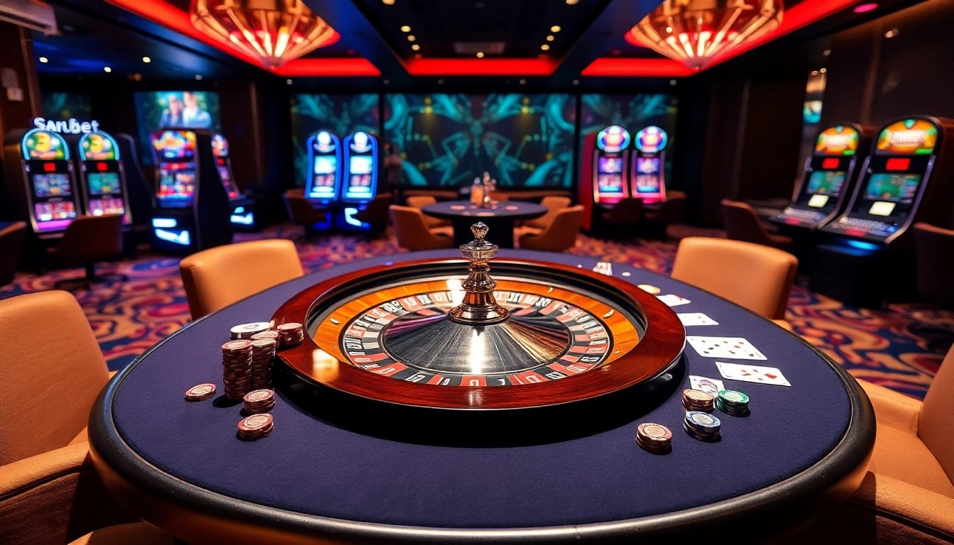 Place bets at sbobet's vibrant casino table filled with poker chips and cards.