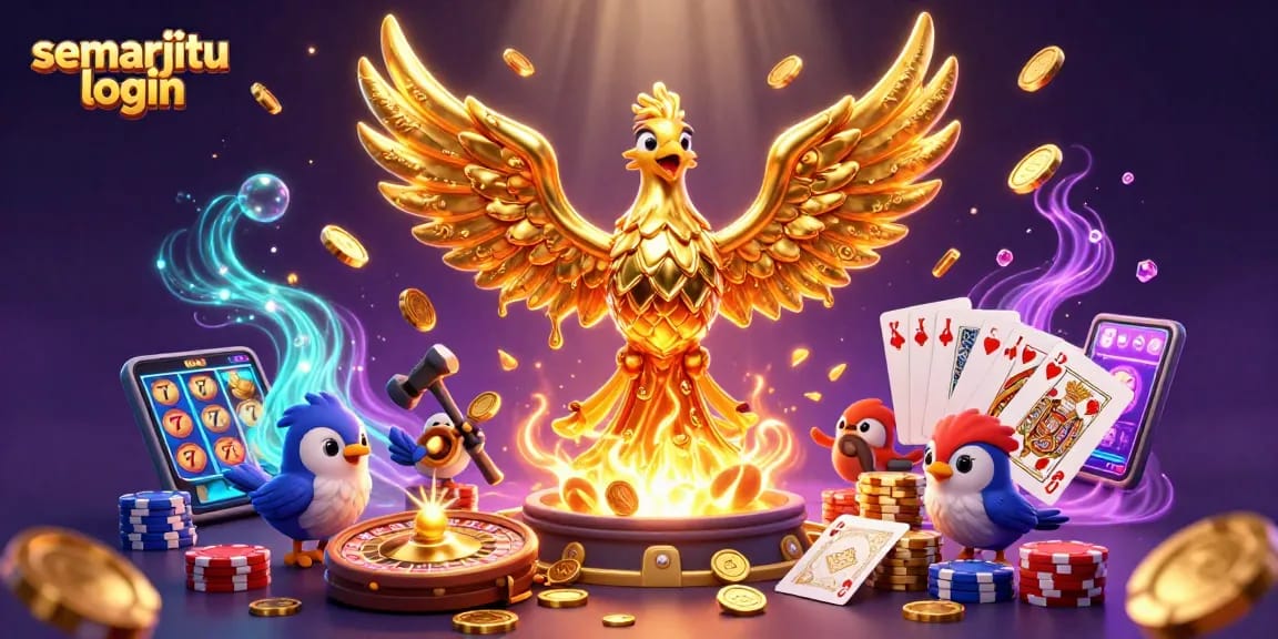 Masuk ke semarjitu login dengan gambar phoenix emas yang menyuplai koin dan permainan kasino.
