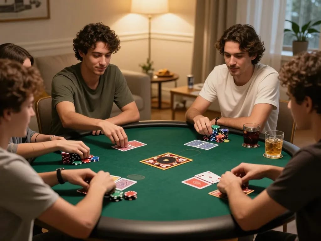 Friends playing poker during a lively game night while enjoying BL555 gaming atmosphere.