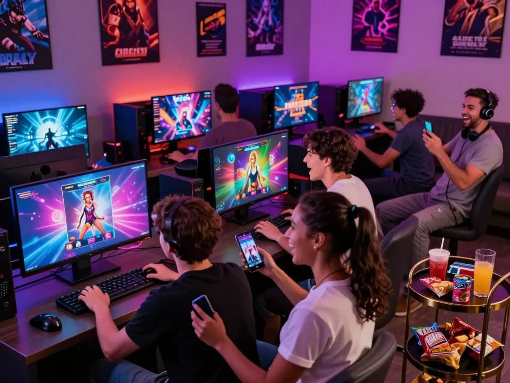 Engaged adults playing a variety of adult games in a vibrant gaming lounge.