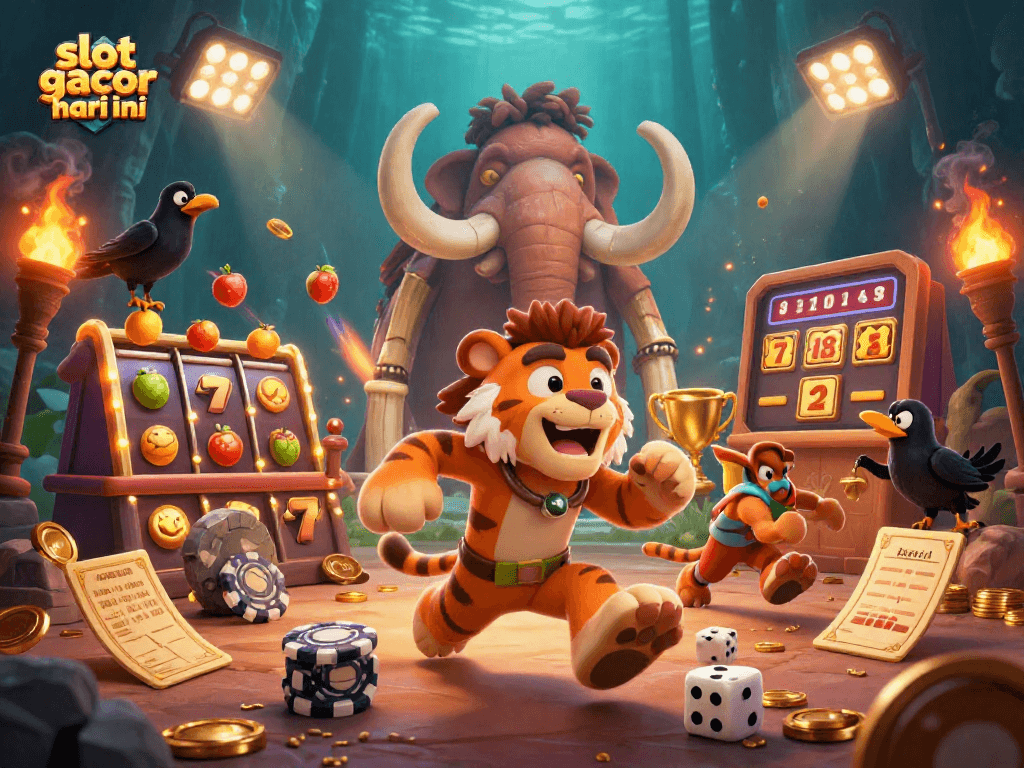 Gambarkan slot gacor hari ini dalam ilustrasi 3D dari karakter gua, harimau sabertooth, dan burung gagak menjaga skor.