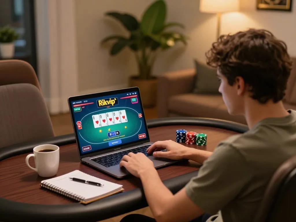 Tham gia vào trò chơi poker hấp dẫn của Rikvip trên laptop, trình bày chiến lược chơi game trực tuyến.