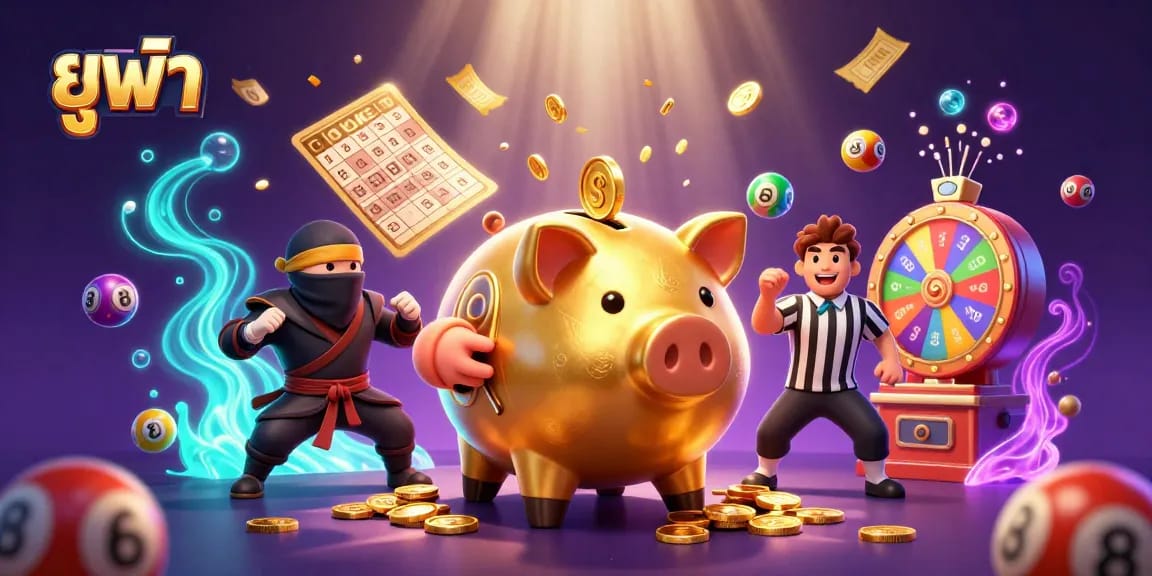 Experience the thrill at ยูฟ่า with a dynamic scene of a golden piggy bank sumo wrestler surrounded by vibrant lottery balls and prizes.