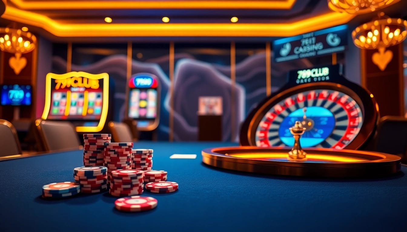Action-packed casino scene with 789club.quest elements highlighting poker, slots, and roulette.