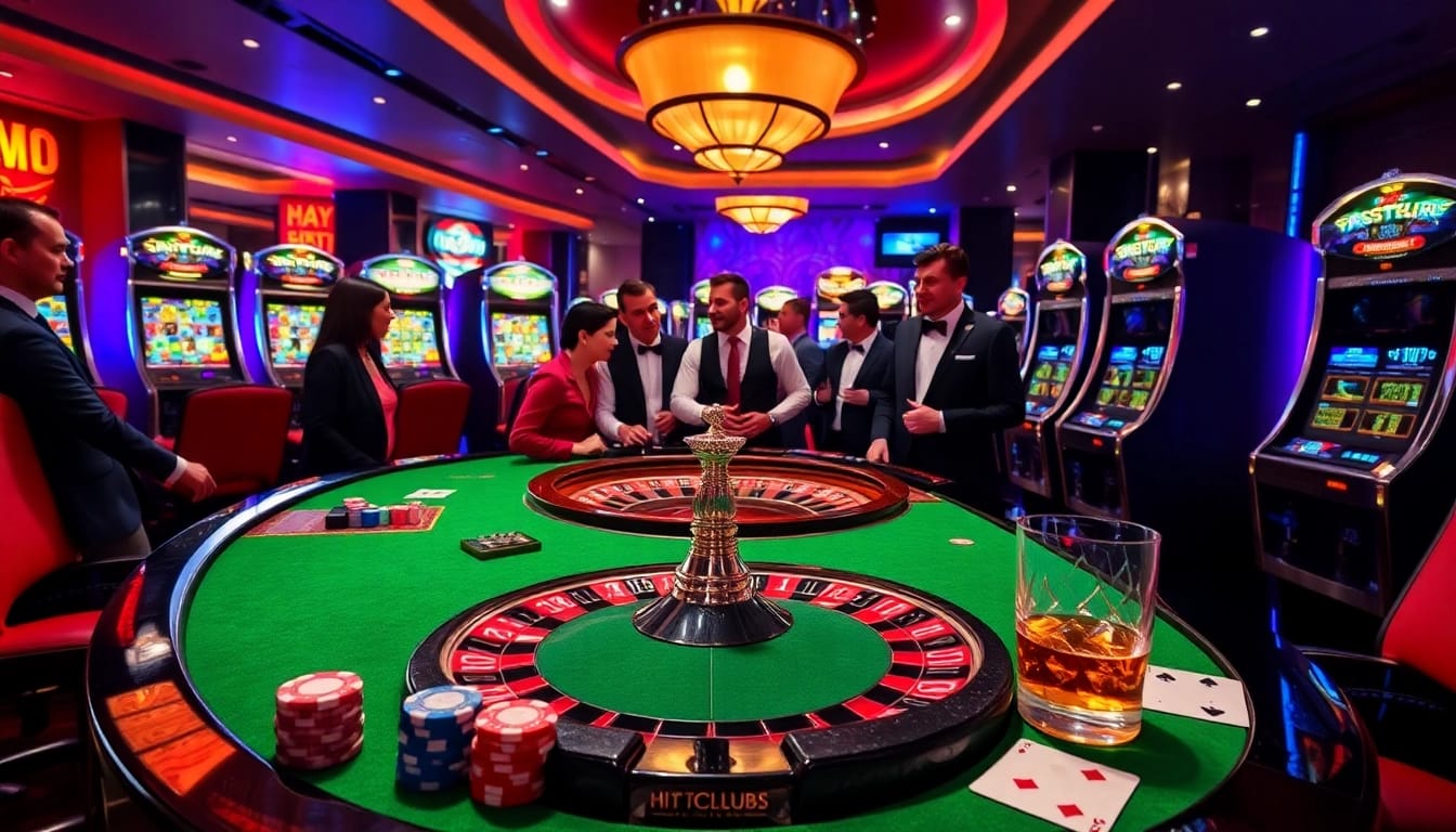 Experience excitement at https://hitclub1.cn.com/ with players thrilled by a luxurious roulette table and colorful slot machines.