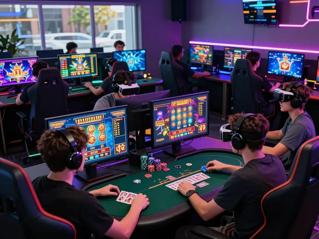 Energetic online gaming scene showcasing zeus138 slot players celebrating wins in a modern hub.