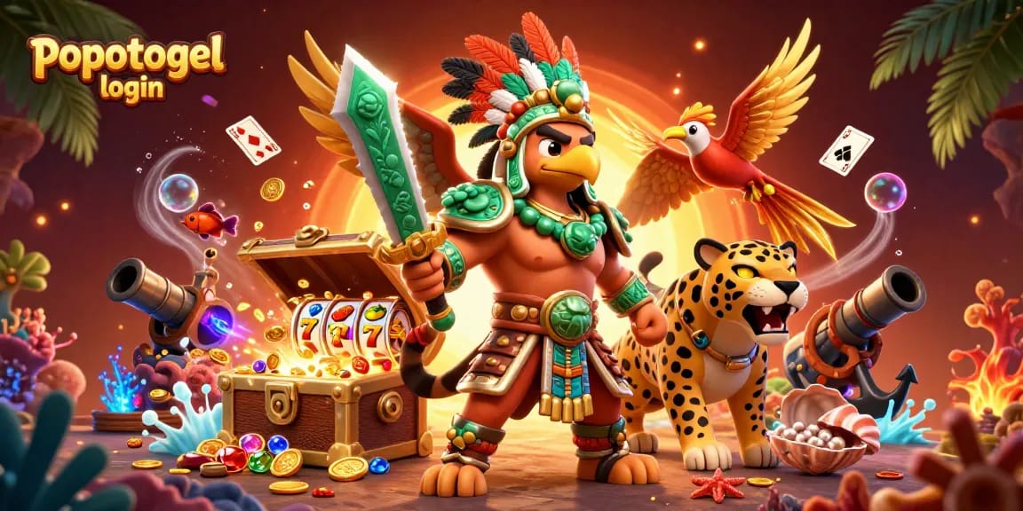 Spin to win with popotogel login in a vibrant 3D casino scene filled with slot reels and treasures.