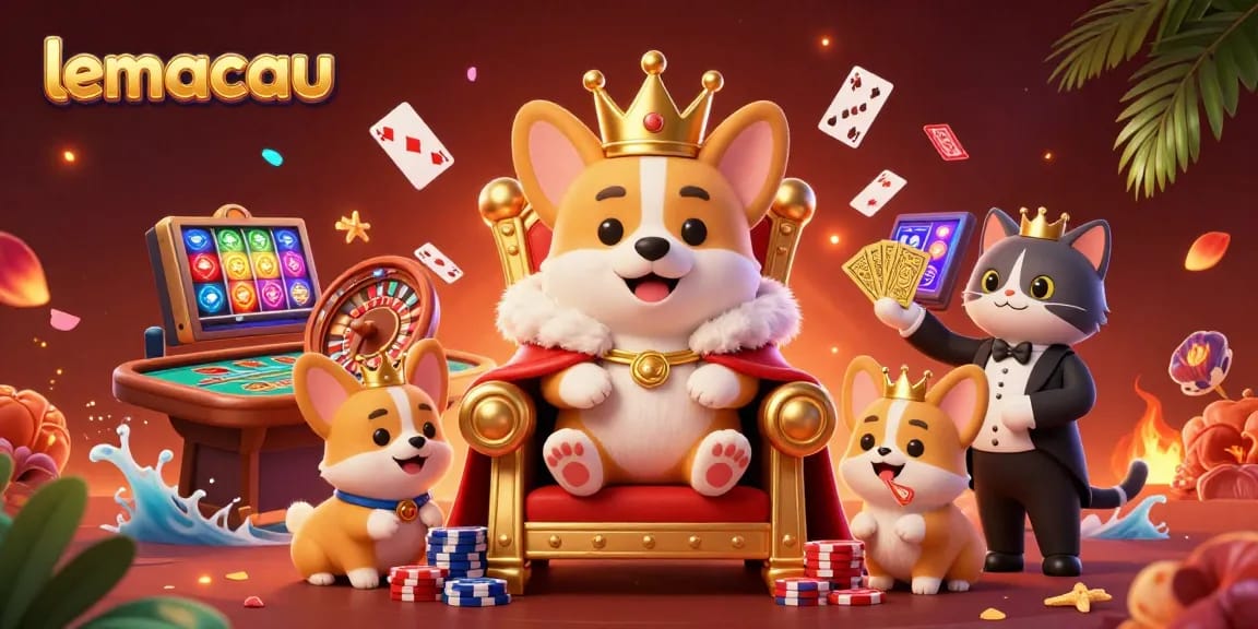 Lemacau royal corgi on a poker chip throne, surrounded by playing cards and live casino elements.