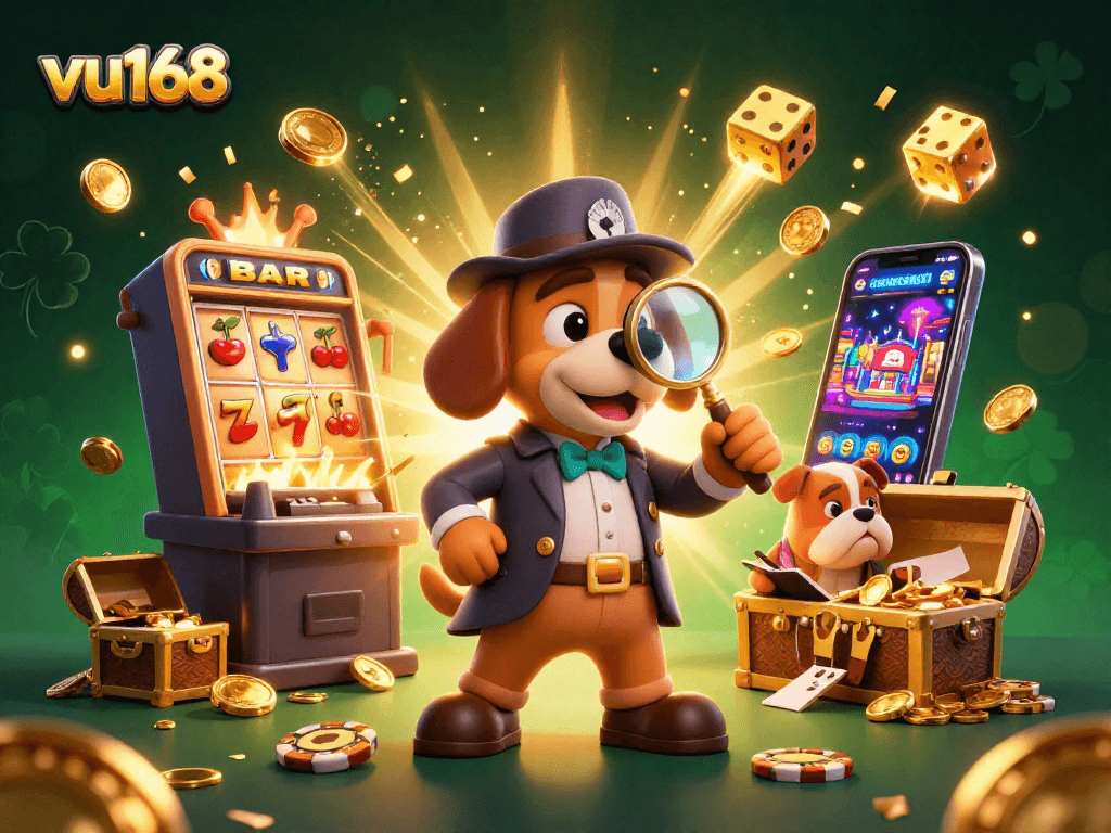 Join the action at vu168: a bloodhound detective discovers golden poker chips amidst a dynamic casino scene.