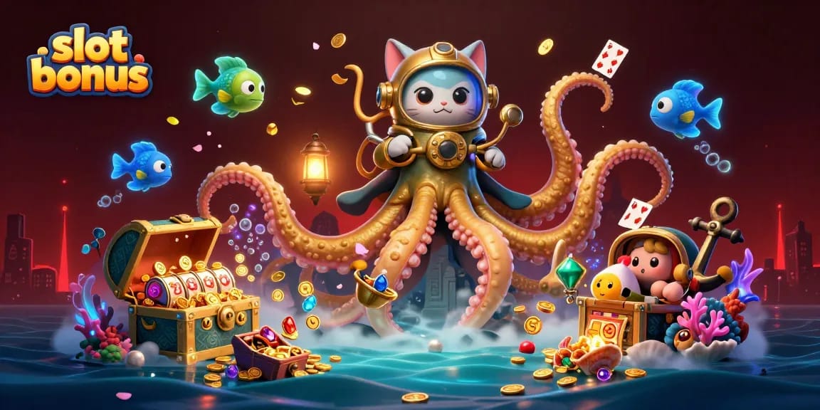 Engage with exciting slot bonus features alongside a colossal kraken and diving cat.