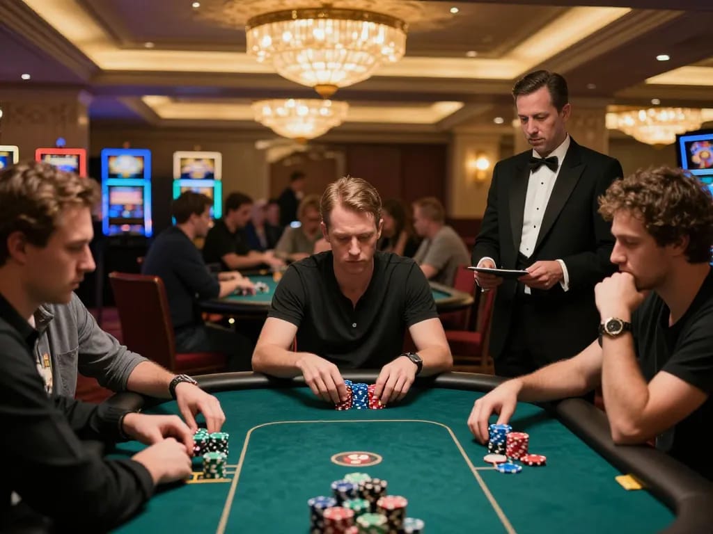 UGDEWA poker players in high-stakes game, showcasing chips and strategic moments in luxurious casino