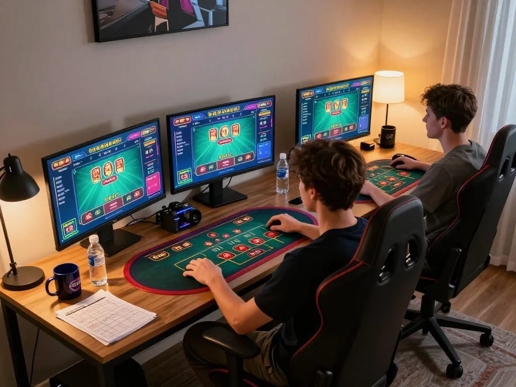 Player engaged in online poker at trang chủ fly88 with strategy notes and multiple monitors.