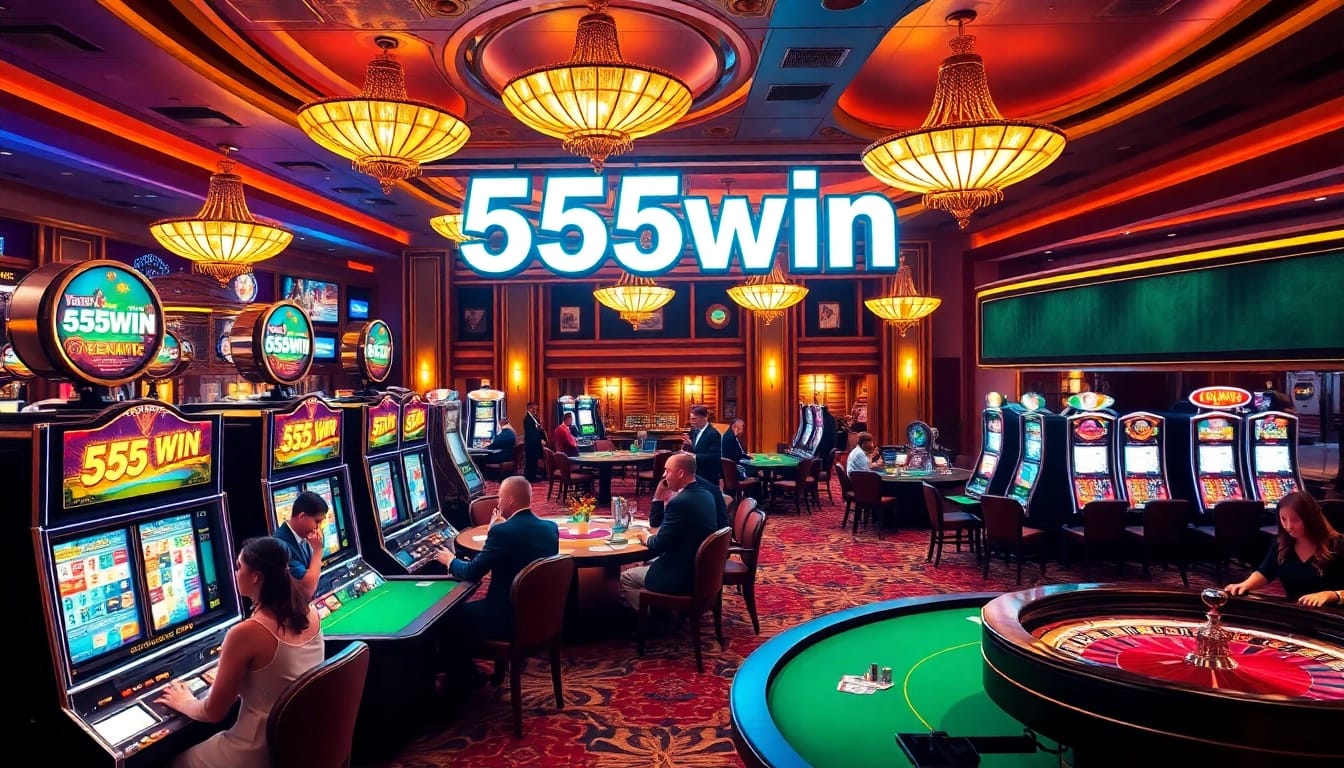 Experience the thrill of winning at 555win casino with vibrant slot machines and poker tables.
