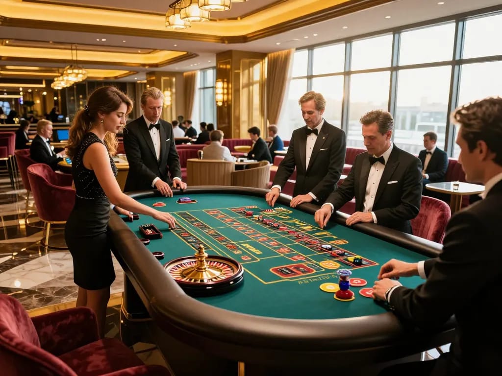 gbong players placing bets at a roulette table in an upscale casino lounge with vibrant lighting
