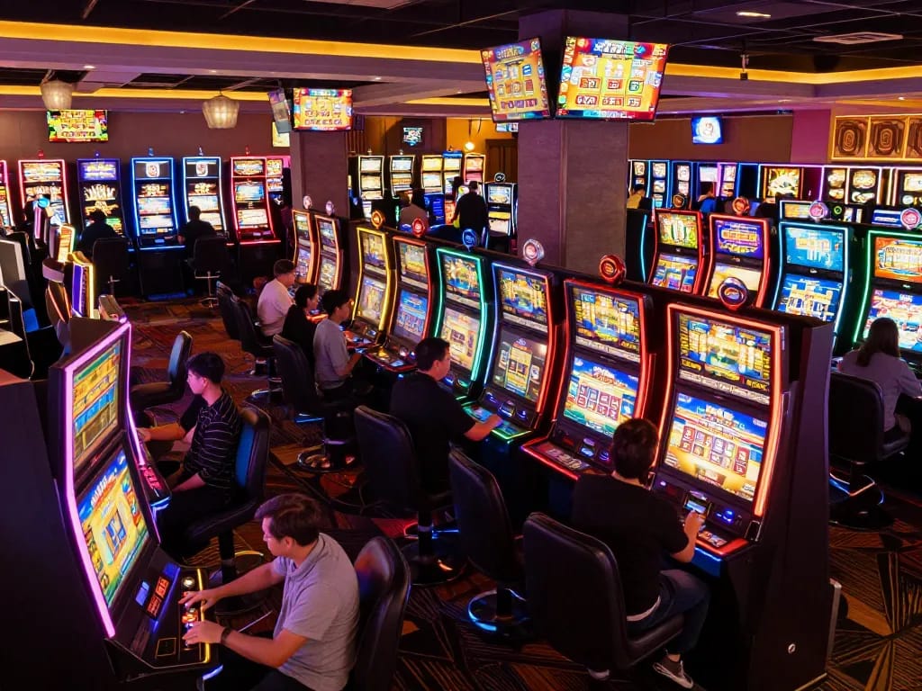 Engaging scene of players enjoying situs slot games at a lively casino, colorful machines and warm lighting create an inviting atmosphere.