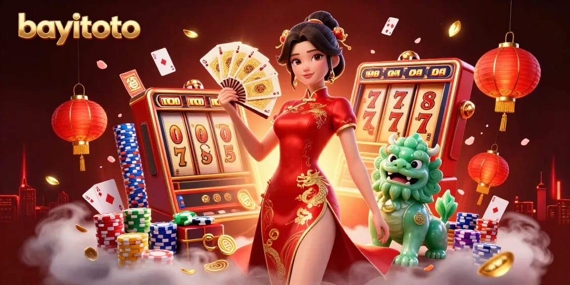 BAYITOTO offers an engaging scene of slot gaming featuring a woman in qipao, mystical elements, and vibrant casino games.
