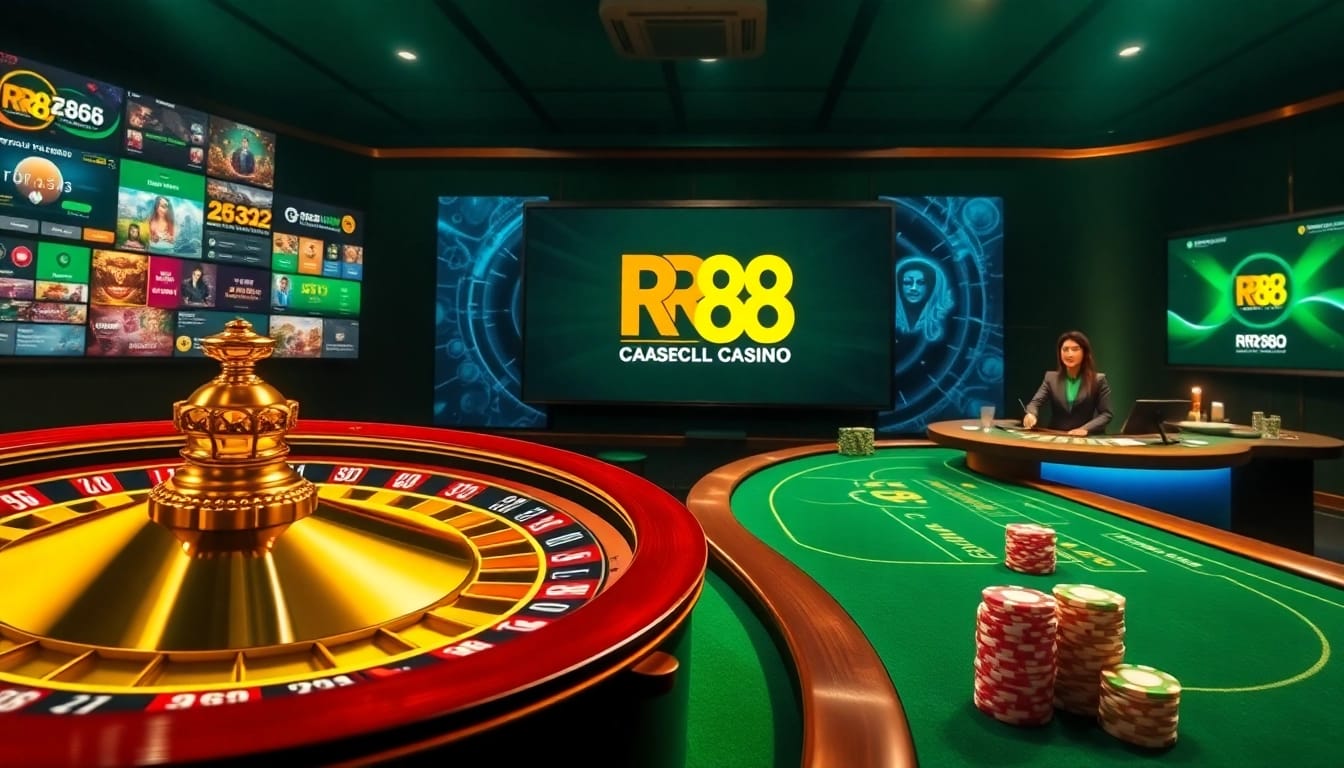Exciting RR 88 casino scene with poker chips, roulette wheel, and live dealer gaming.