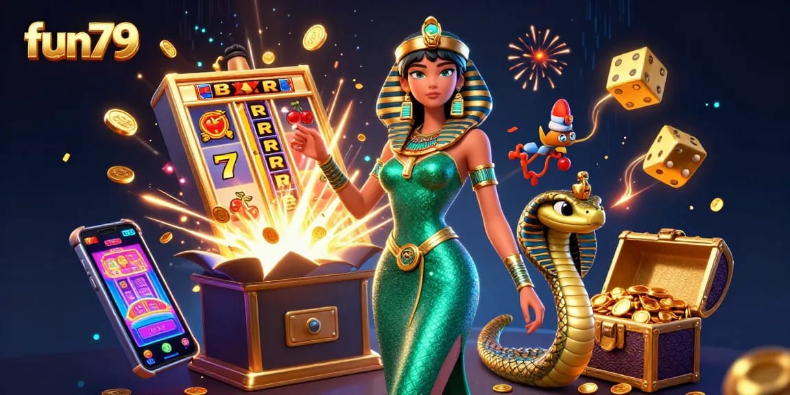 Spin to win at fun79 with a stunning 3D illustration of an emerald-clad woman, slot machines, and golden treasures!