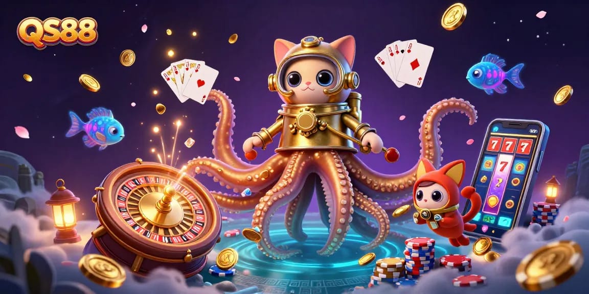 Experience thrilling excitement at QS88 with a vibrant scene featuring a colossal kraken, diving cat, and sparkling casino treasures.