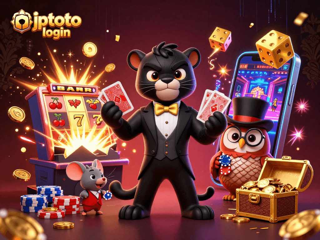 Experience jptoto login thrills as a stylish panther deals cards at a vibrant casino scene