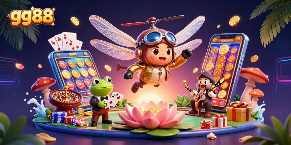 Experience thrilling gameplay at GG88 with vibrant slot games, a lively casino scene, and animated characters.