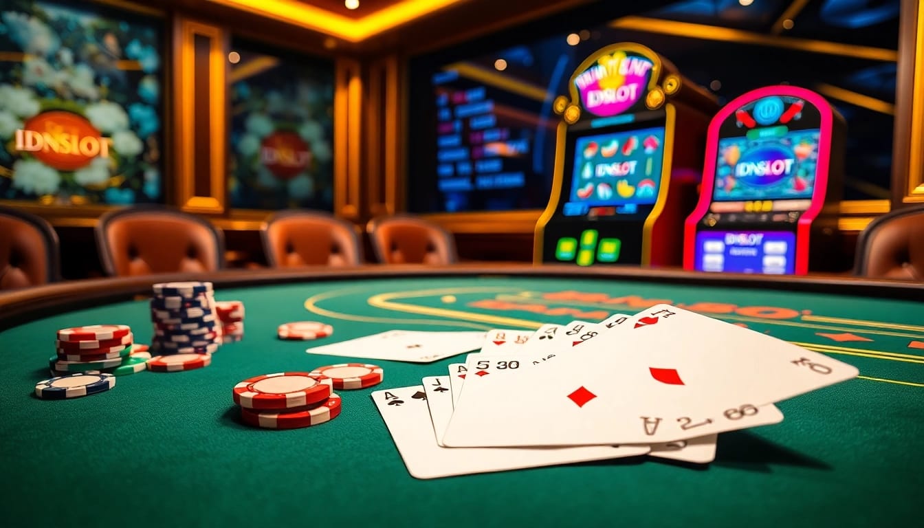 IDNSLOT branding highlighted on a luxurious online casino scene with vibrant poker elements.
