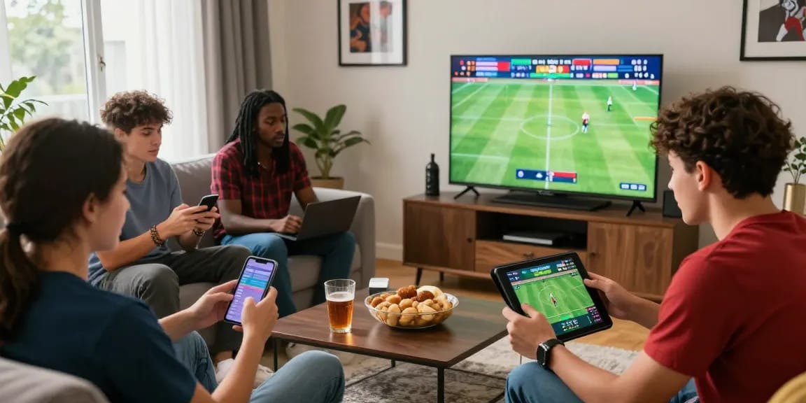 Engaged young adults enjoying sports betting at home through https://open88c.com/, surrounded by sports memorabilia and digital devices.