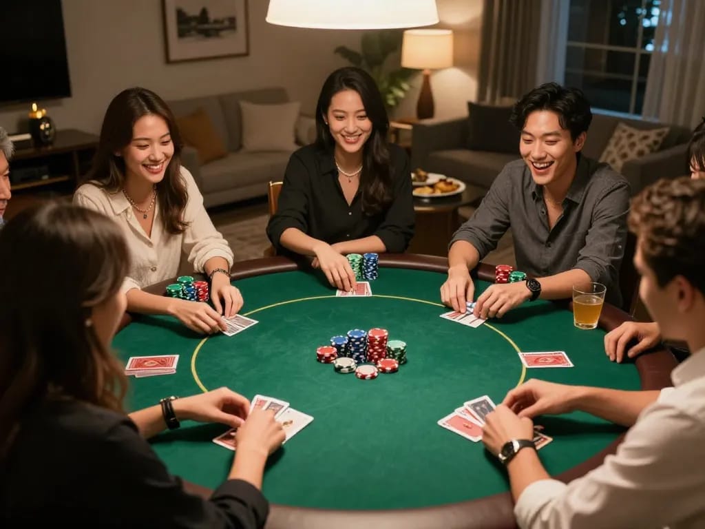 Trò chơi poker thú vị với bạn bè tại nhà, trình bày các chiến lược luck8, không khí ấm cúng và sự cạnh tranh thân thiện.
