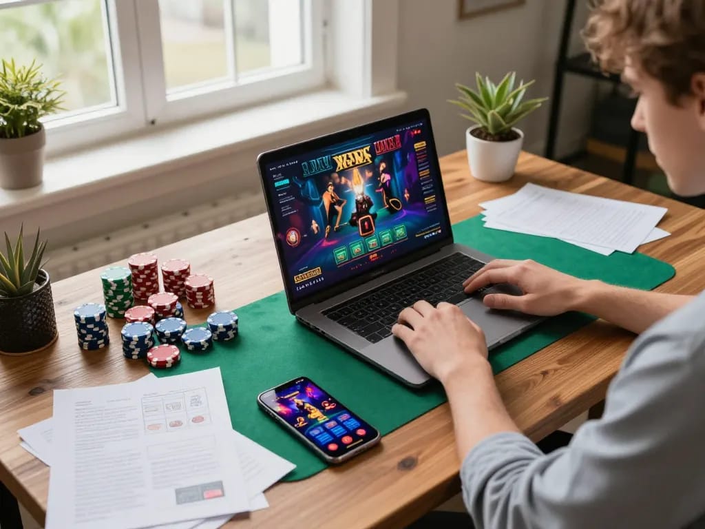 Engaged player spinning reels on situs slot within a stylish home gaming environment.