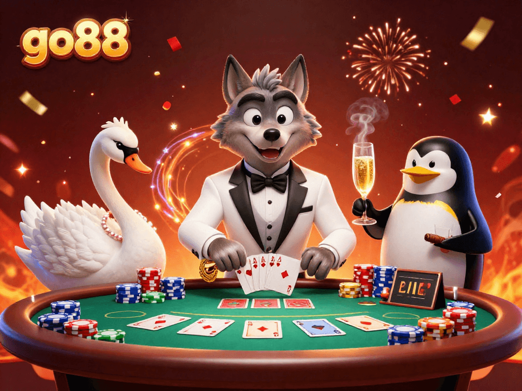 Experience the excitement at go88 with a lively casino scene featuring a wolf, swan, and penguin.