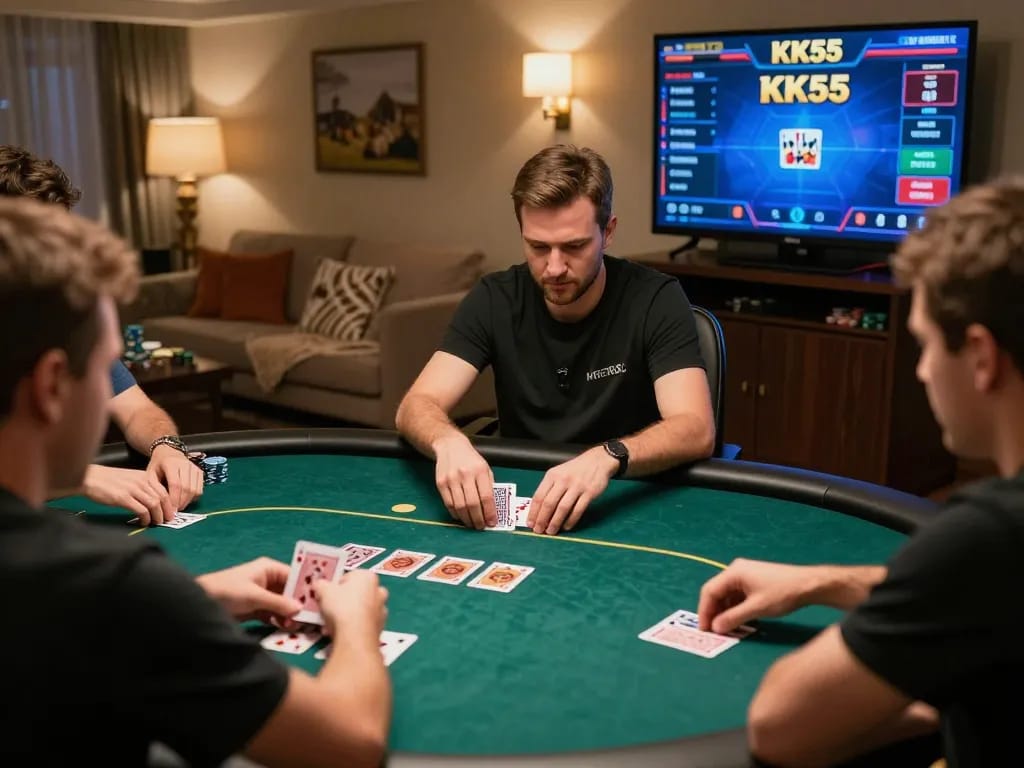 KK55 players strategizing at a live poker table, creating an engaging online gaming experience.