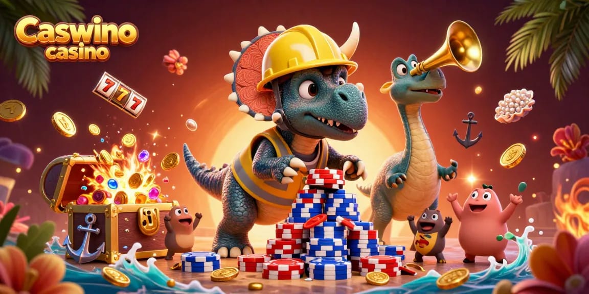 Experience the thrill of Caswino casino with animated triceratops building poker chips among slot reels.