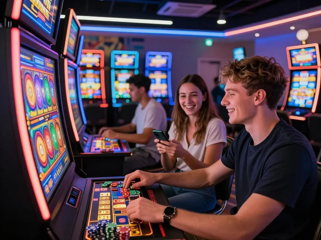 Suasana permainan slot gacor yang menarik dengan beragam pemain menikmati mesin digital di lounge yang semarak.