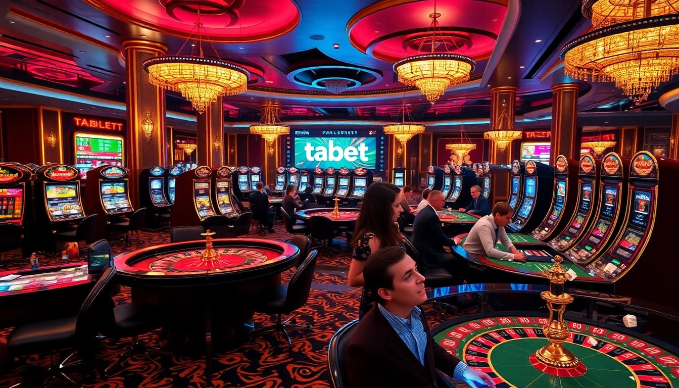 Players enjoy an exciting game at the casino featuring tabet, with poker tables and slot machines.